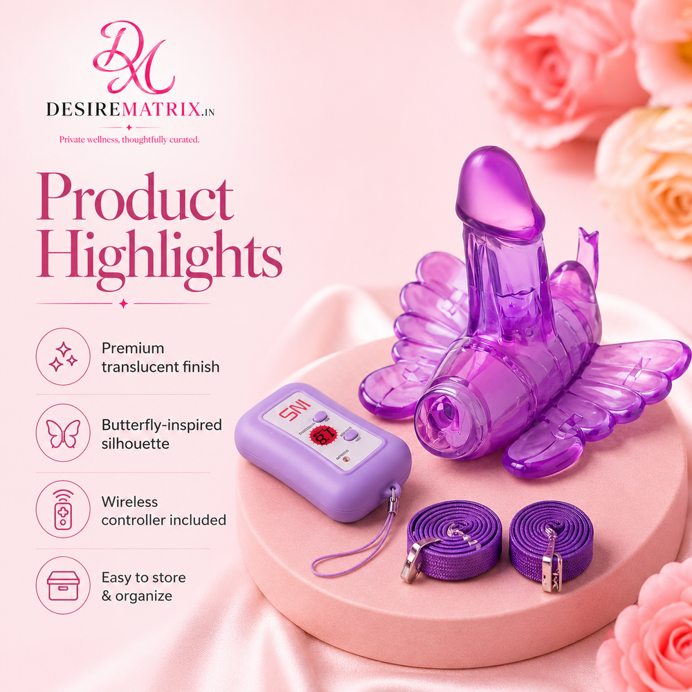 Close view of the 18 mode butterfly vibrator control and dildo attachment
