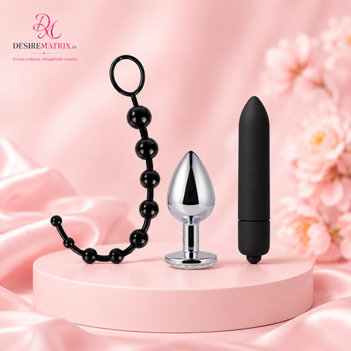 Three piece black anal toy set with beads, bullet vibrator and steel plug