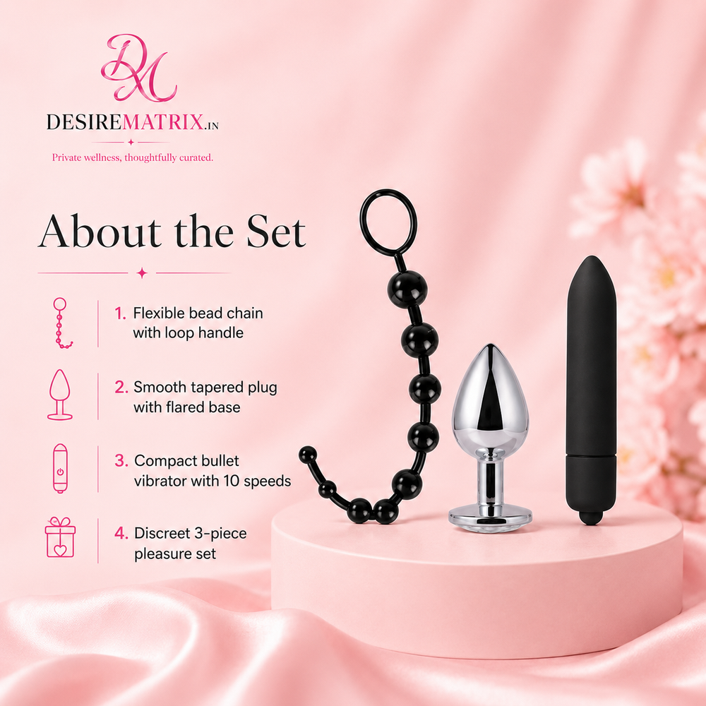 Mini bullet vibrator included in the three piece anal toy set