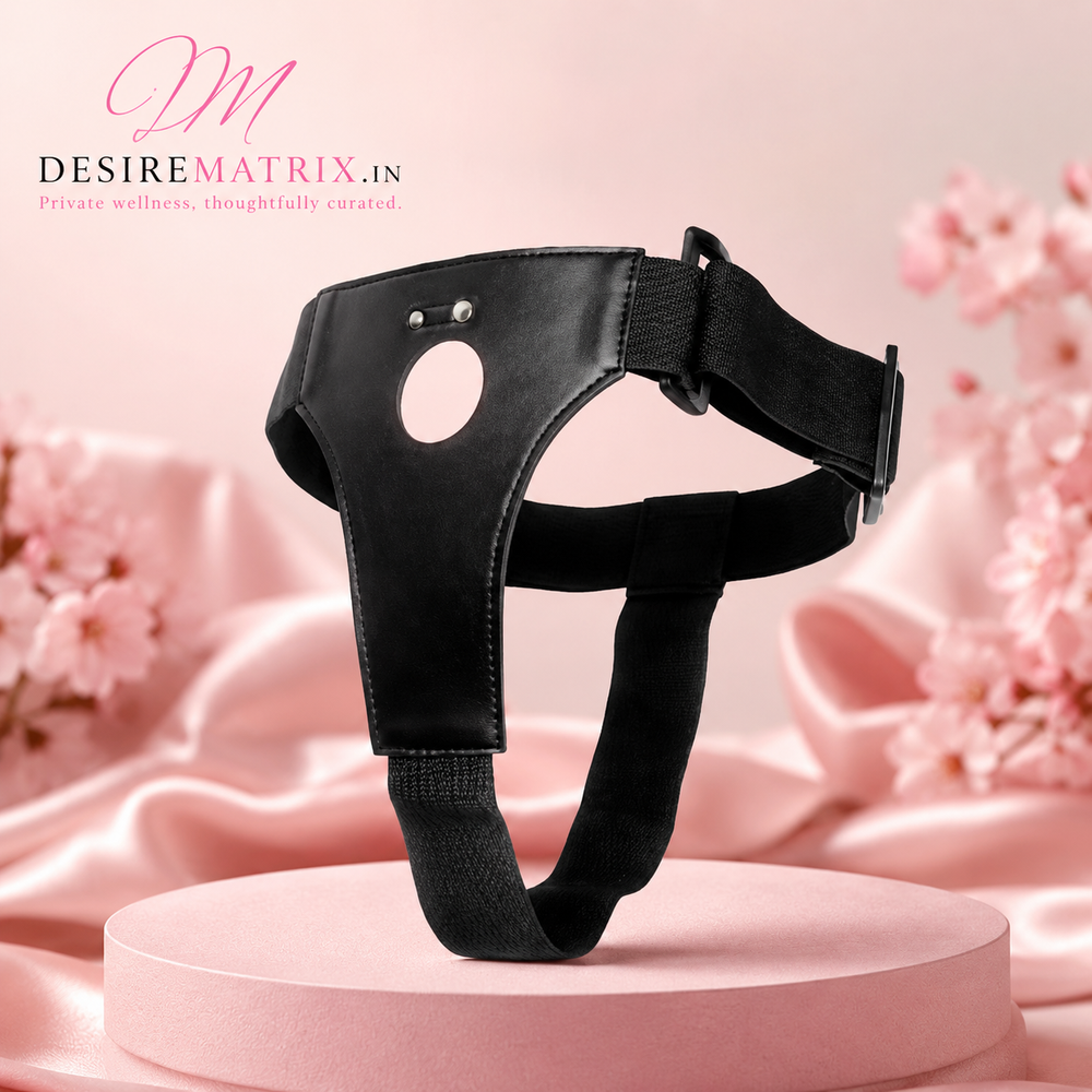 Black leather strap-on brief harness with adjustable belt