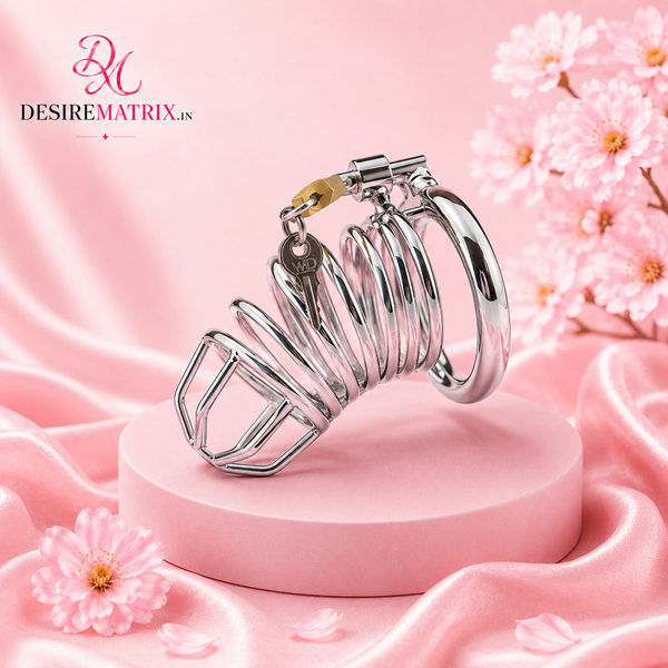 Stainless Steel Chastity Lock — Ventilated Steel Cage & Base Ring — Chastity Devices, Medical-grade stainless steel, non-porous and hypoallergenic