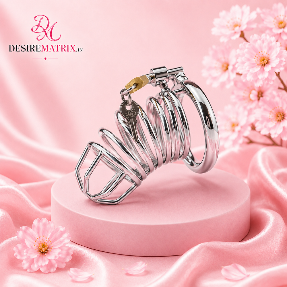 Ventilated stainless steel male chastity cage with base ring and padlock