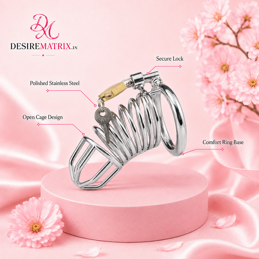 Steel chastity device shown with the base ring separated