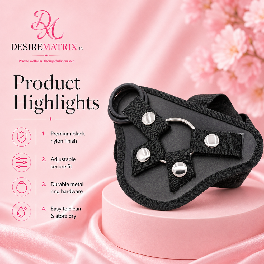 Steel O-ring detail and nylon strap adjusters on the harness