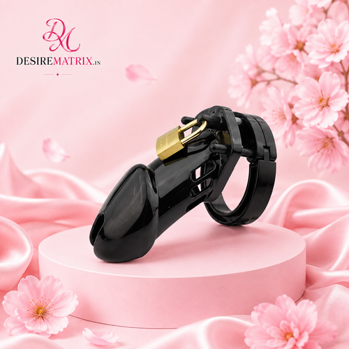 CB-6000 male chastity device in black, with cage and base ring