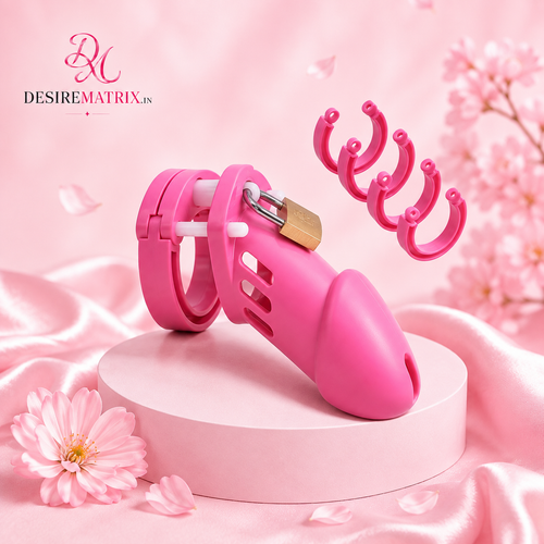 CB-6000 male chastity device in pink, with cage and base ring