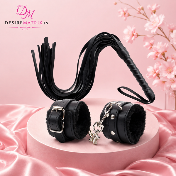 Flogger & Handcuffs Set — Black Leather, Plush-Lined Cuffs — BDSM Toys, Leather, metal and plush lining