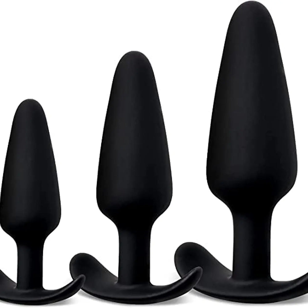 Three piece silicone anal plug training set with anchor bases