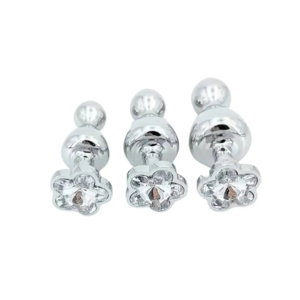 Flower base butt plug with crystal centre and dual bead shaft