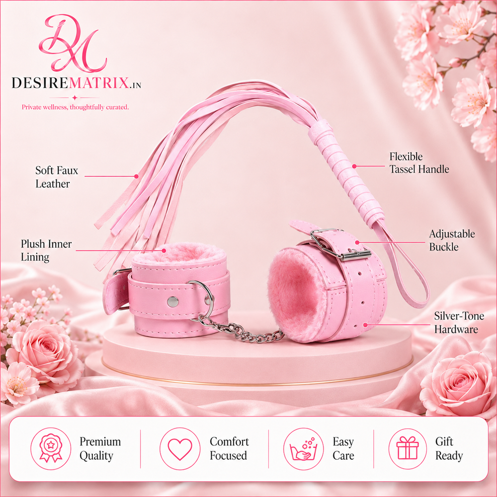 Pink plush-lined adjustable handcuffs from the bondage set
