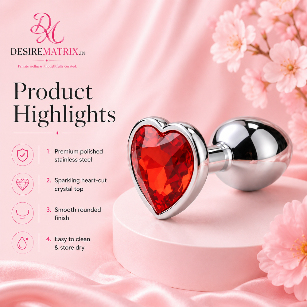 Close view of the polished heart base on the steel anal plug