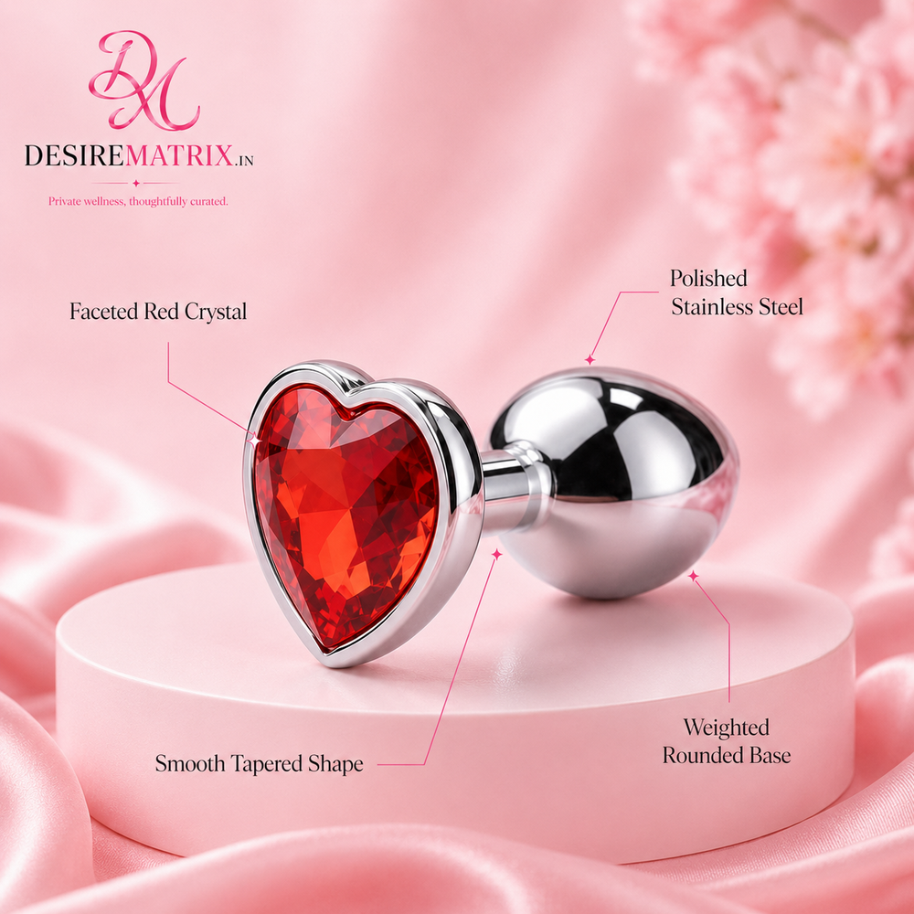 Heart base steel anal plug shown upright showing the tapered tip