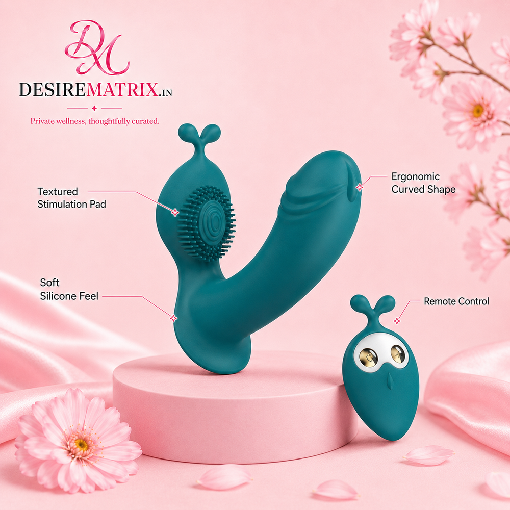 Wearable panty vibrator shown beside its wireless remote
