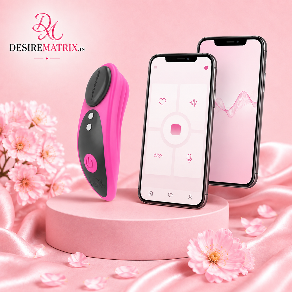 Lovense Ferri pink wearable panty vibrator shown beside the Lovense app control screen