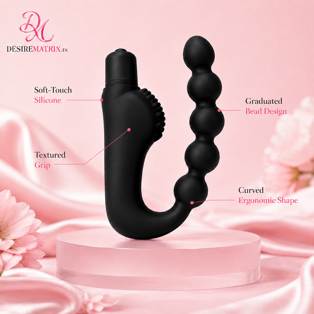 Beaded prostate massager shown full length with its flared base