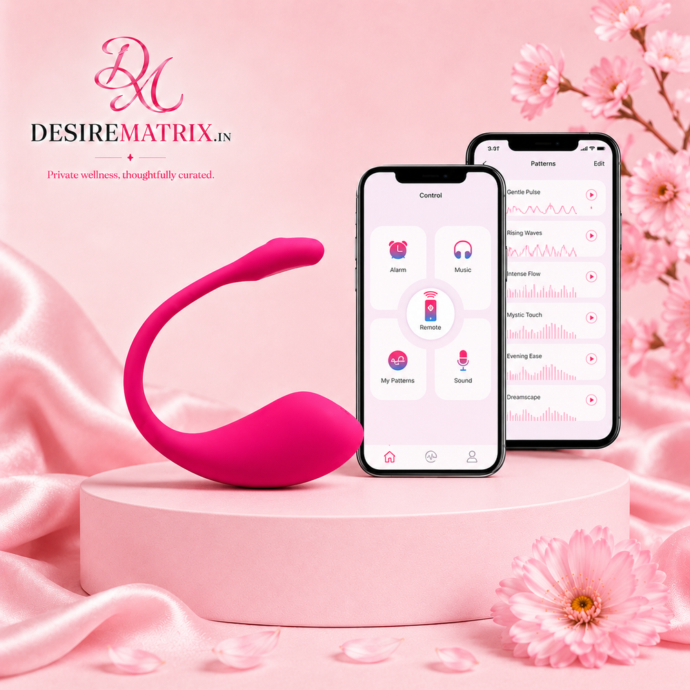 Pink app-controlled wearable egg vibrator with phone app screens