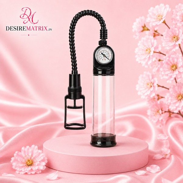 Manual Penis Pump with Pressure Gauge — 8 Inch Cylinder — Penis Enlargement Pump, Clear cylinder with a soft TPE donut sleeve at the base