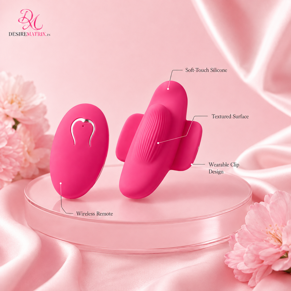 Wearable panty vibrator shown beside its 10 metre range remote