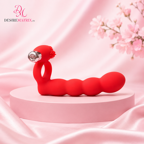 Red Trinity Fun silicone cock ring with anal beads and vibrator
