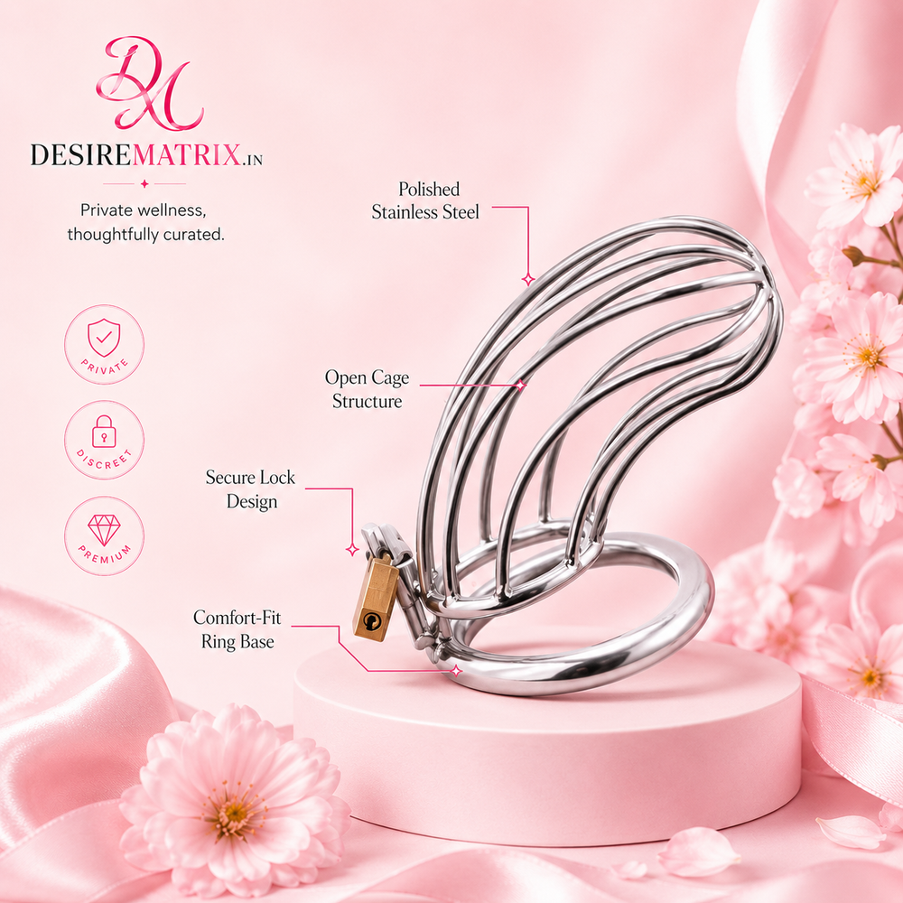 Steel chastity cage shown with the base ring separated