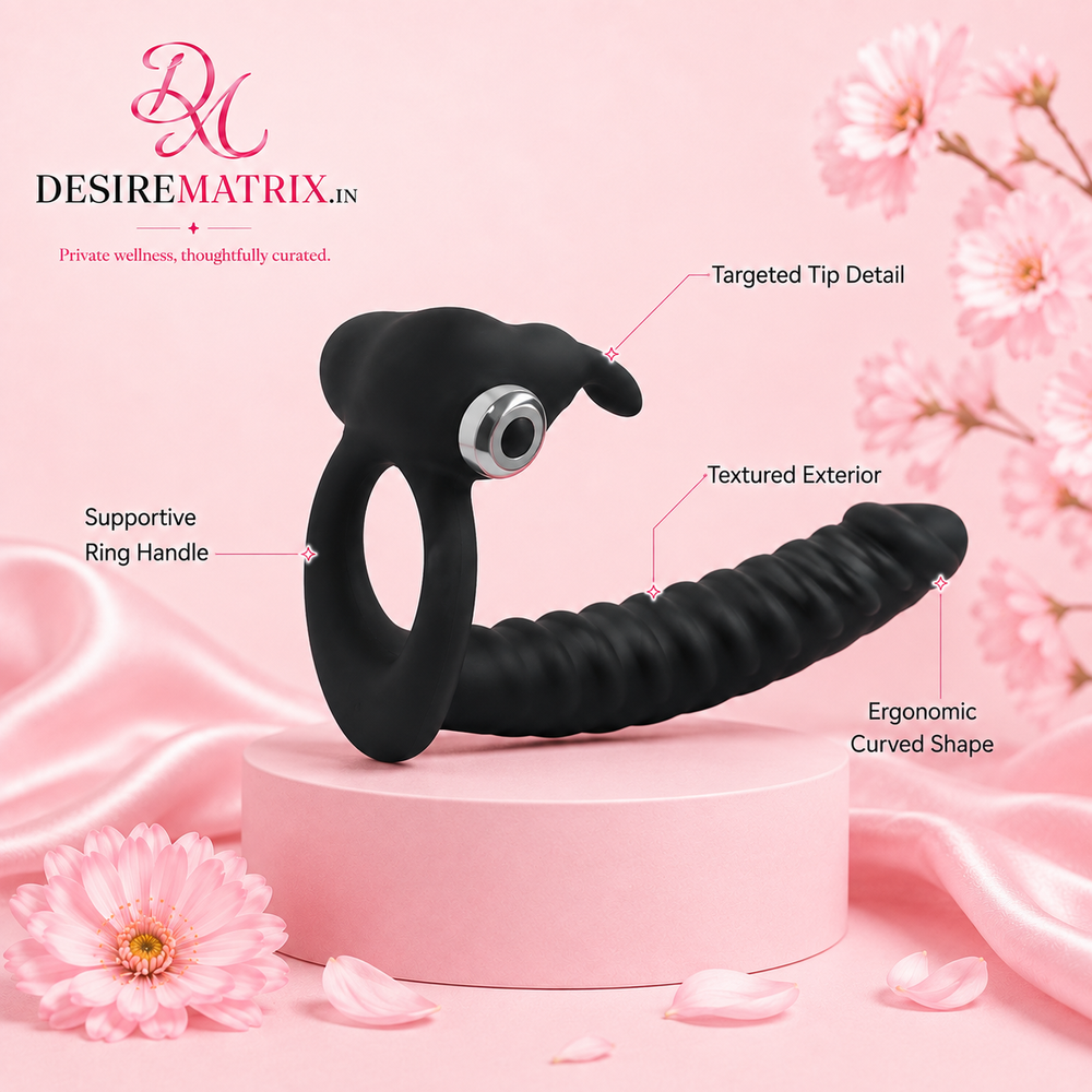 Rabbit cock ring shown with the clitoral stimulator arm