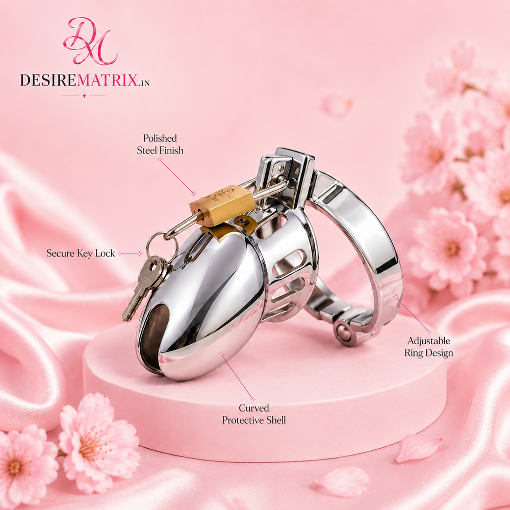 Steel chastity cage showing the urethral tube insert