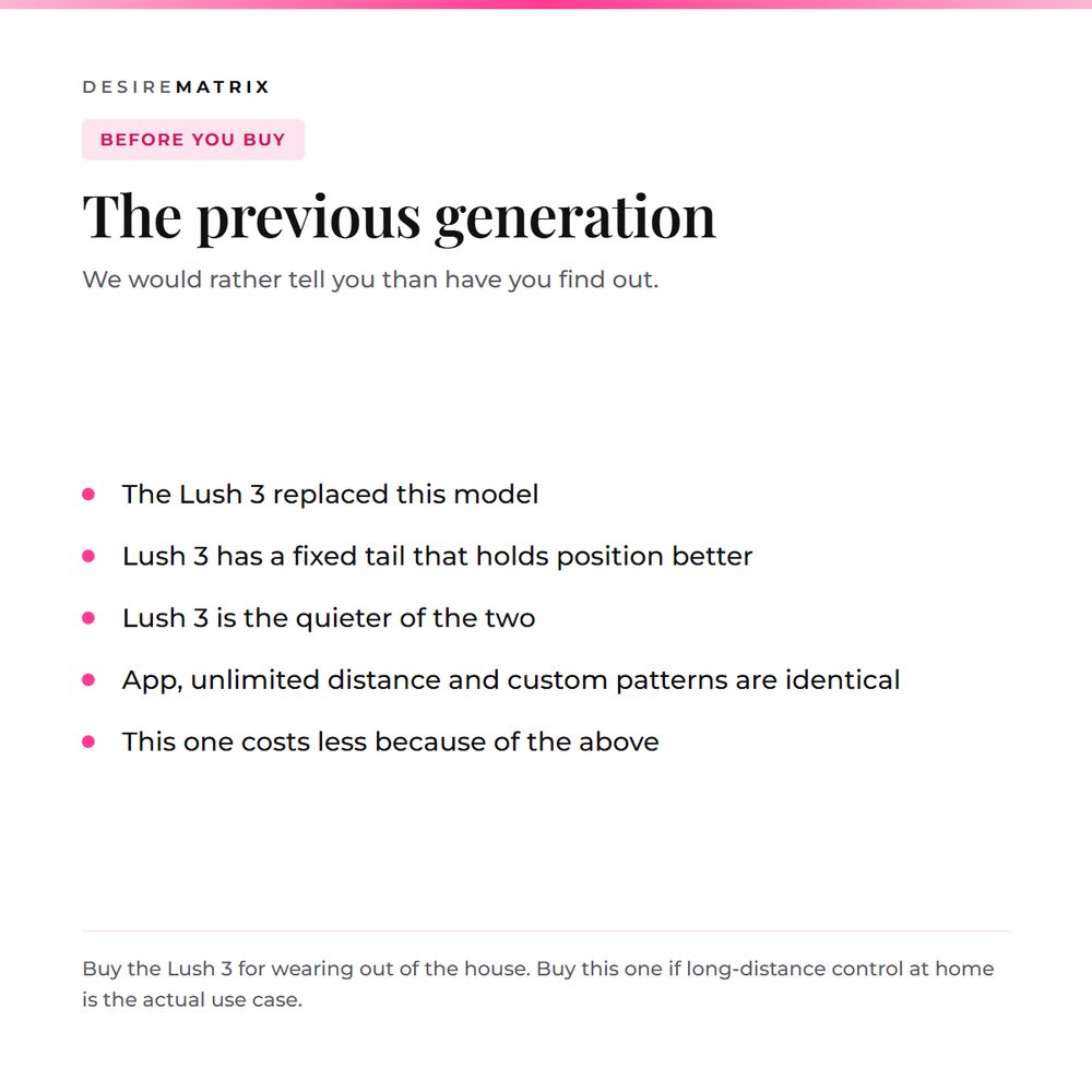 The previous generation: the Lush 3 replaced this model with a fixed tail and quieter operation, while the app, unlimited distance and custom patterns are identical