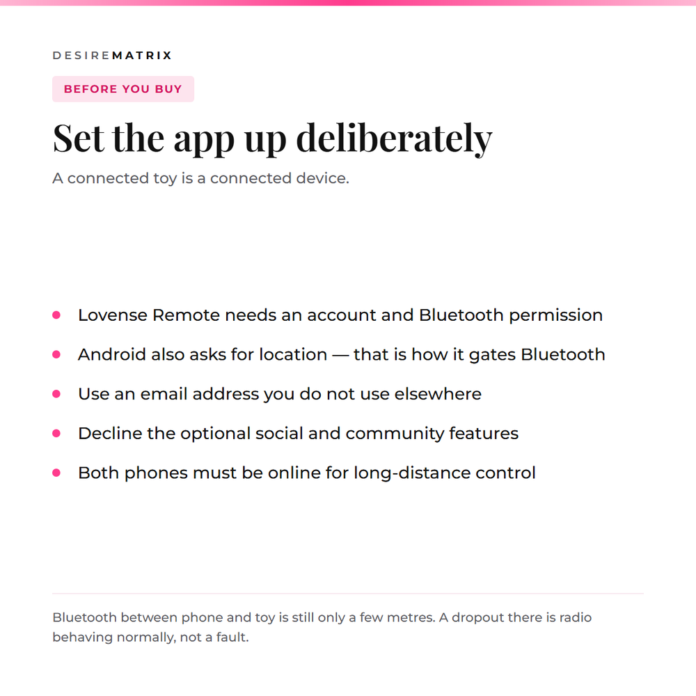 Before you buy: the Lovense Remote app needs an account and Bluetooth permission, Android also asks for location, both phones must be online for long-distance control