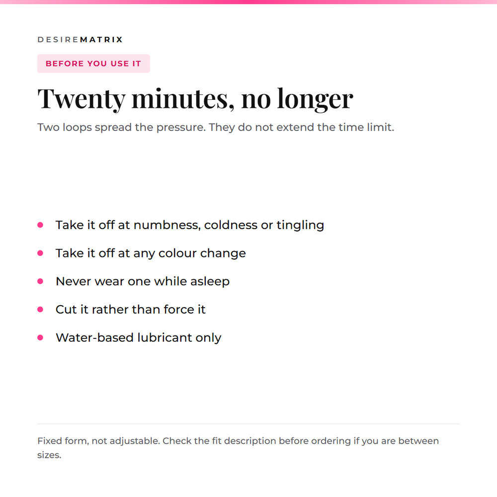 Safety: twenty minutes maximum, remove at numbness or colour change, never wear while asleep, cut rather than force, water-based lubricant only