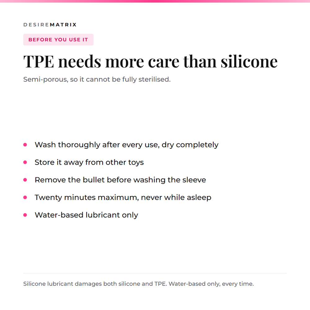 Care: TPE is semi-porous and cannot be fully sterilised, wash after every use, store away from other toys, twenty minutes maximum, water-based lubricant only