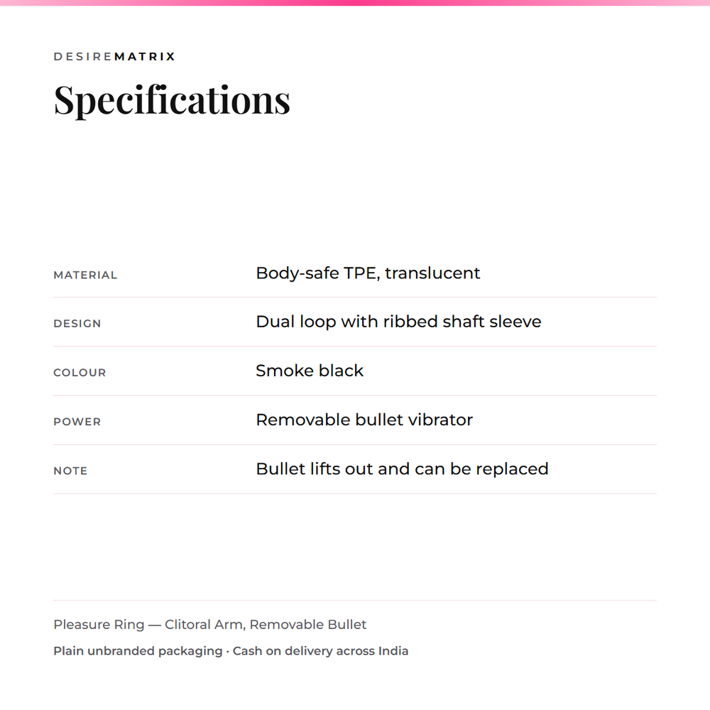 Specifications: translucent body-safe TPE, dual loop with ribbed shaft sleeve, smoke black, removable bullet vibrator that lifts out and can be replaced