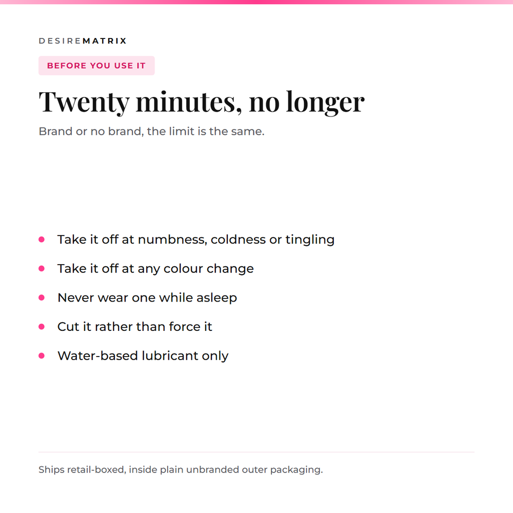 Safety: twenty minutes maximum, remove at numbness or colour change, never wear while asleep, cut rather than force, water-based lubricant only