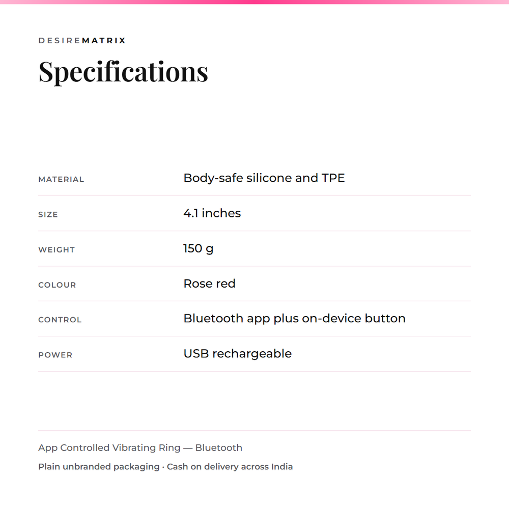 Specifications: body-safe silicone and TPE, 4.1 inches, 150 grams, rose red, Bluetooth app plus on-device button, USB rechargeable