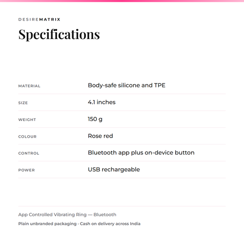 Specifications: body-safe silicone and TPE, 4.1 inches, 150 grams, rose red, Bluetooth app plus on-device button, USB rechargeable