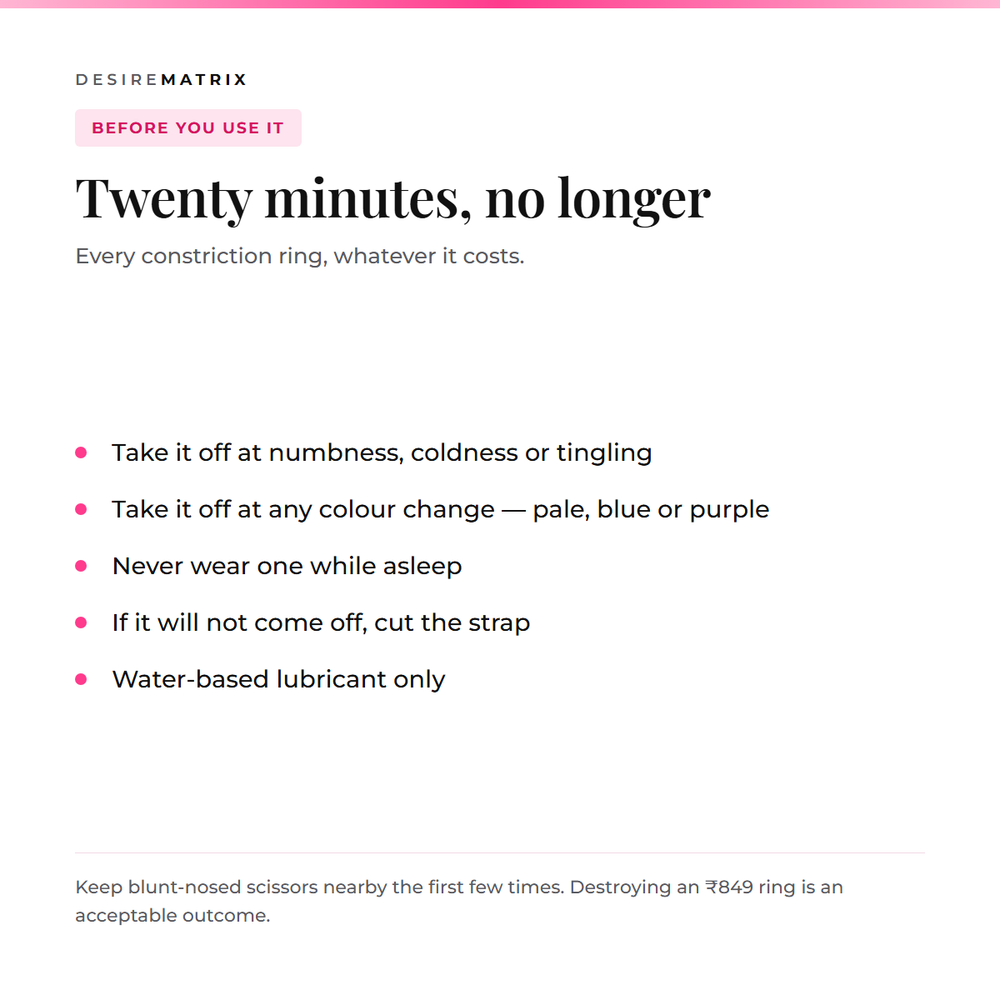 Safety: twenty minutes maximum, remove at numbness or colour change, never wear while asleep, cut the strap if it will not come off, water-based lubricant only