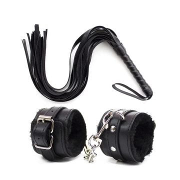Female Sex Games Leather Whip Flogger Plush Sex Handcuffs Bondage-Black — bdsm toy