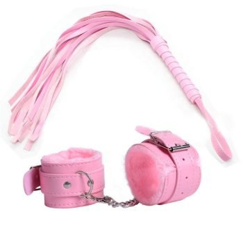 Girls Sex Games Leather Whip Flogger Plush Sex Handcuffs Bondage-Pink — bdsm toy