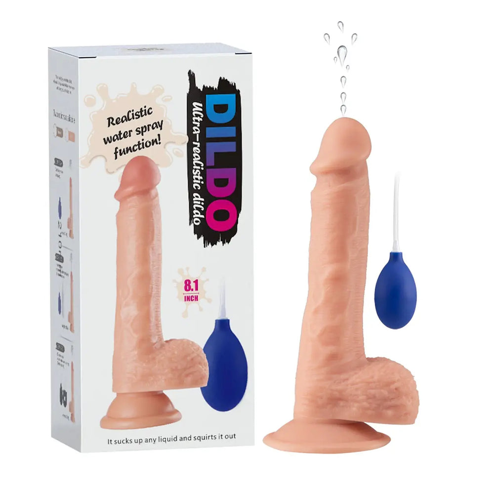 Squirting silicone dildo with squeeze bulb reservoir